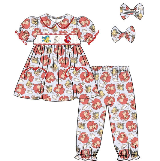 Exclusive Little Mermaid Smocked Pyjama Set With Hair Bow (Pre Order 5-6 Weeks Wait For Delivery)