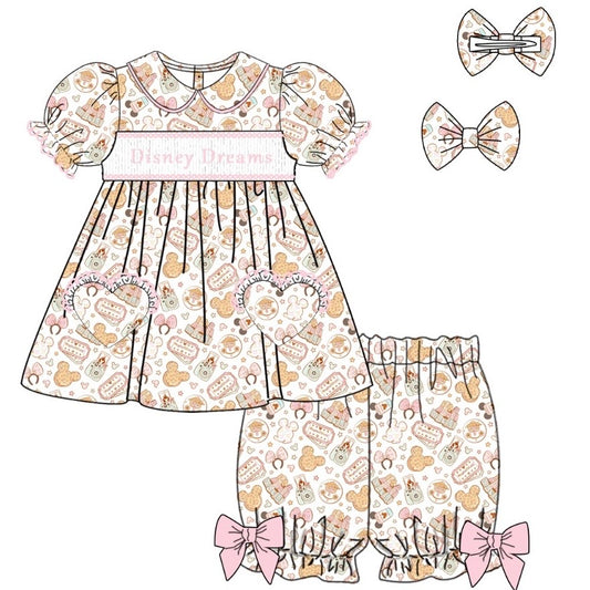 Disney Land Smocked Pyjama Set With Hair Bow (Pre Order 5-6 Weeks Wait For Delivery)