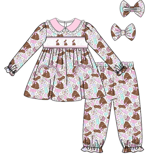 Exclusive Chocolate Easter Smocked  Pyjama Set With Hair Bow  - In Stock (Ready To Post)