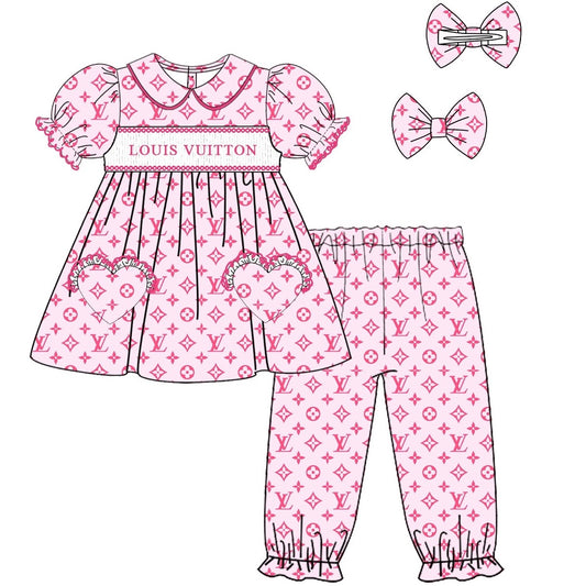 Exclusive Pink L V Smock Pyjama Set With Hair Bow - In Stock (Ready To Post)