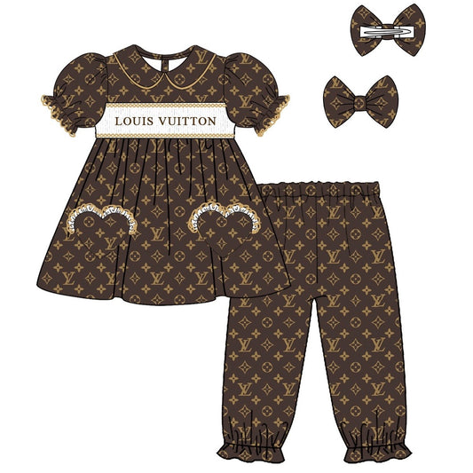 Exclusive Brown L V Smocked Pyjama Set With Hair Bow - In Stock (Ready To Post)