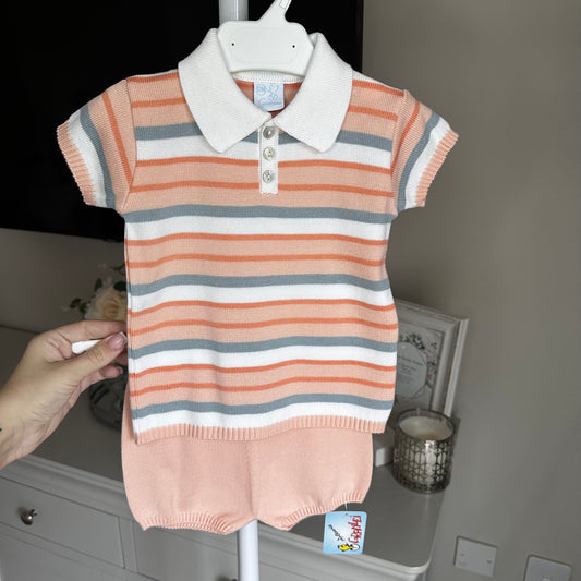 Peach / Sage Short Sleeve Striped Shorts Set (Up To 6 Years)