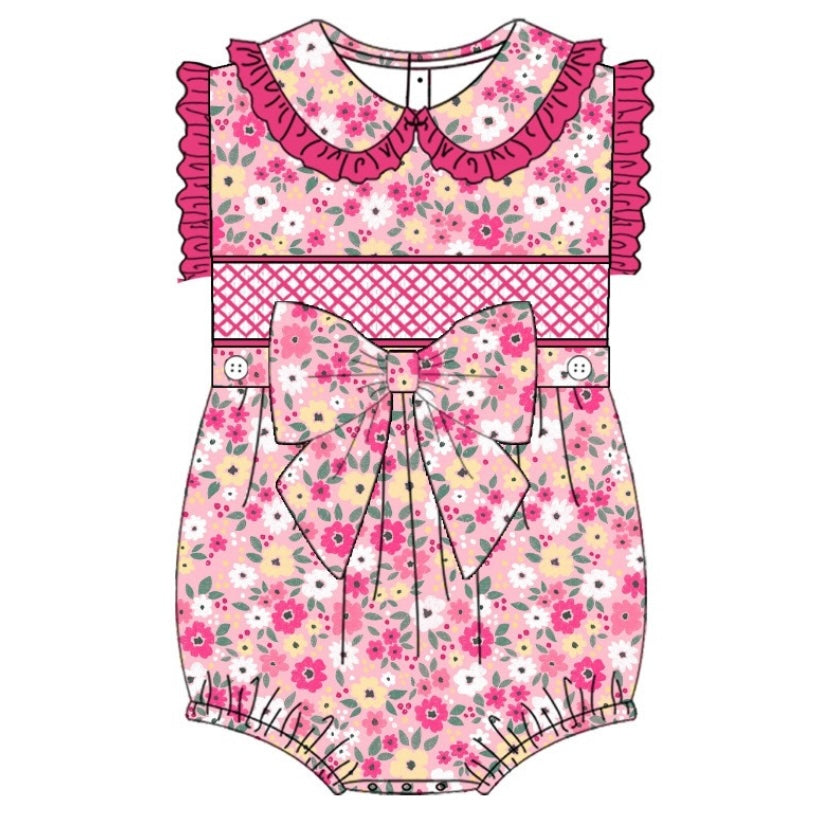 Fuchsia Floral Exclusive Smocked Romper - (Pre Order 3-4 Weeks Delivery)