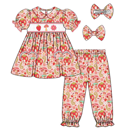 Exclusive Strawberry Shortcake Smocked Pyjama Set With Hair Bow (Pre Order 5-6 Weeks Wait For Delivery)