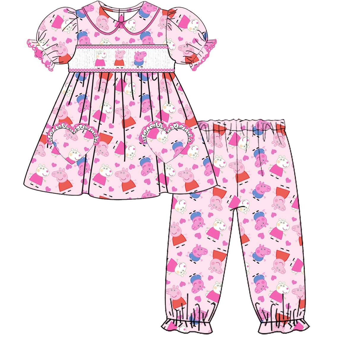 Exclusive Peppa Pig Smocked Pyjama Set With Hair Bow (Pre Order 1-2 Weeks Wait For Delivery)